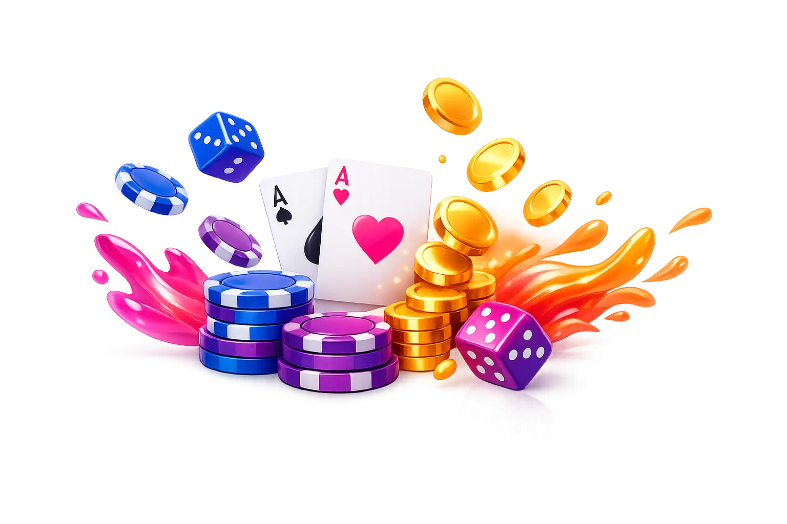 Slotrize Glossy isometric 3D render of floating gaming elements with stacked poker chips, playing cards, glowing gold coins, and styli