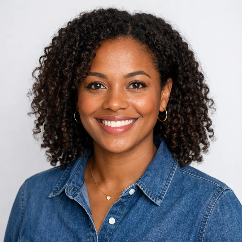 Photorealistic avatar portrait of a diverse adult with casual neat attire, warm expression against light background.