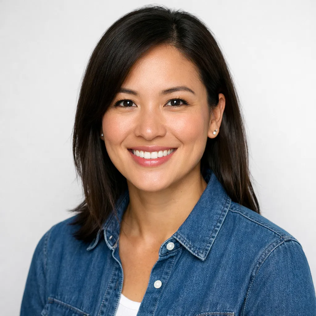 Portrait of a diverse adult in casual attire with a warm expression and studio background
