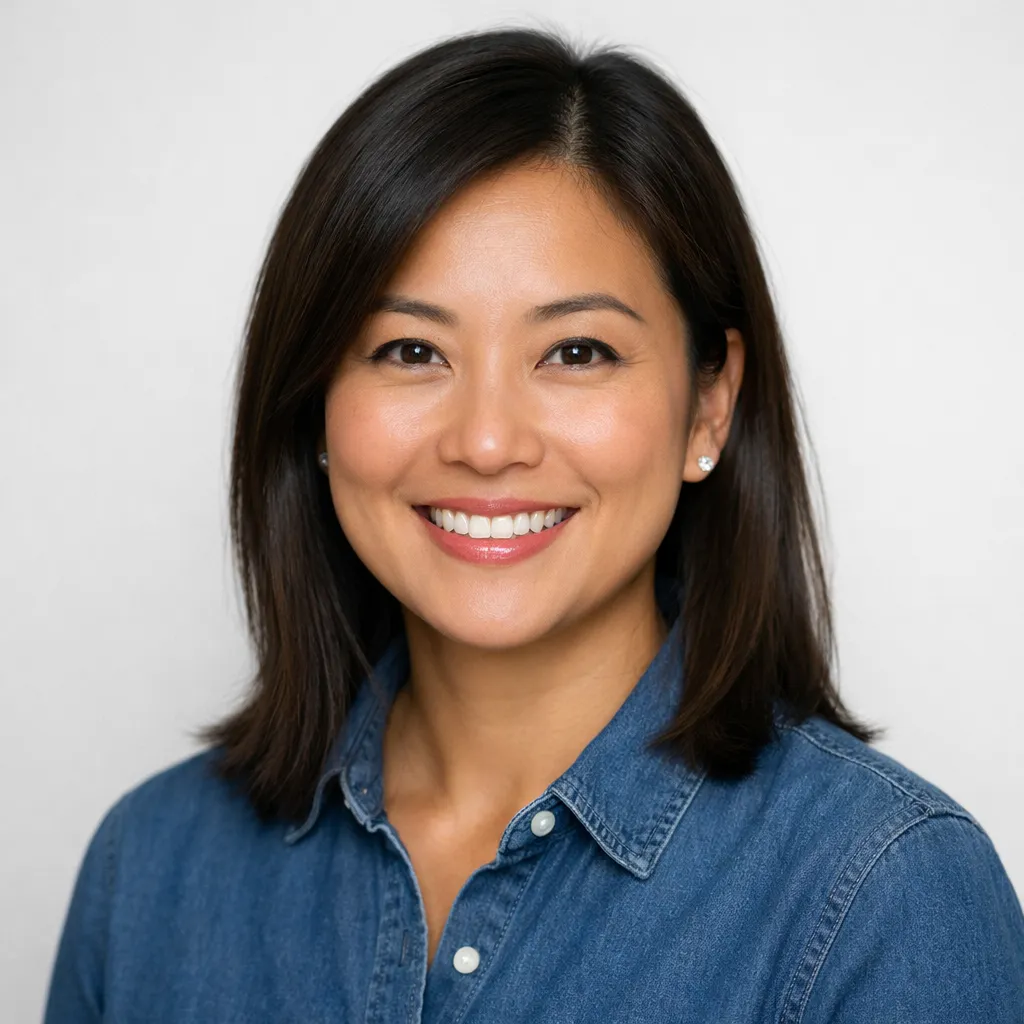 Photorealistic avatar of a diverse adult in studio lighting, wearing neat attire with a friendly expression.